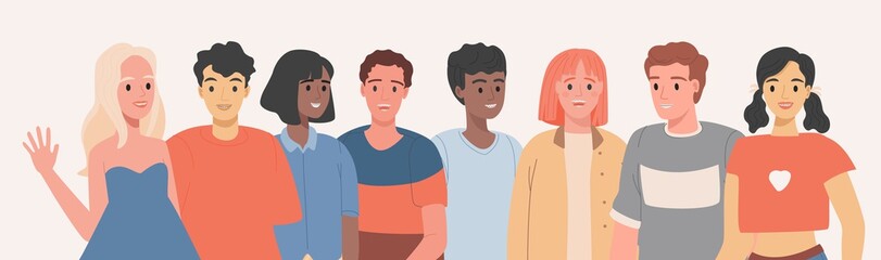 Obraz premium People of different ethnicity wearing braces vector flat illustration. Group of men and women smiling with dental braces on teeth. Cosmetic odontology, teeth straightening, and orthodontic procedures.