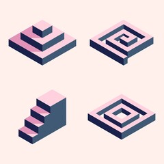 Set of isometric simple shapes: pyramid, spiral, ladder and square