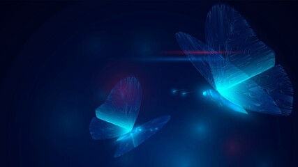 Two blue glowing butterflies with circuit wings on a dark background