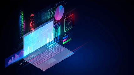 Isometric laptop on dark background with glowing graphs and diagrams