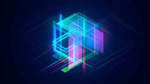 Dark background with blue isometric glowing cube