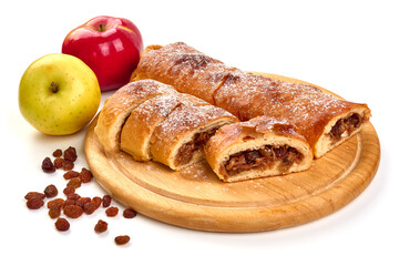 Apple strudel with raisins, isolated on white background. High resolution image