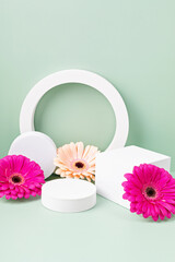 Podium, stand for product presentation and spring flowers. Mockup for branding, packaging