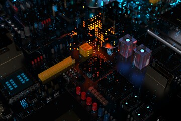 A processor chip on a motherboard is a printed circuit board with microchips, processors and other computer parts in the abstraction of the city of the future. 3d render