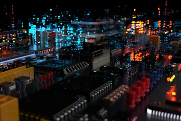 A processor chip on a motherboard is a printed circuit board with microchips, processors and other computer parts in the abstraction of the city of the future. 3d render