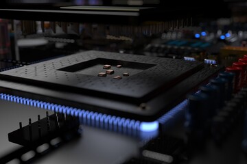 Fototapeta na wymiar printed circuit board with microchips, processors and other computer parts. 3d render