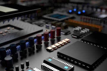 printed circuit board with microchips, processors and other computer parts. 3d render