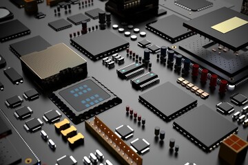 printed circuit board with microchips, processors and other computer parts. 3d render