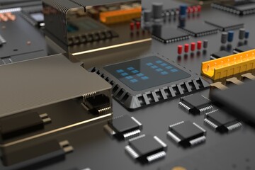 printed circuit board with microchips, processors and other computer parts. 3D render on the topic of technology and large computing power