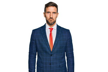 Handsome man with beard wearing business suit and tie depressed and worry for distress, crying angry and afraid. sad expression.