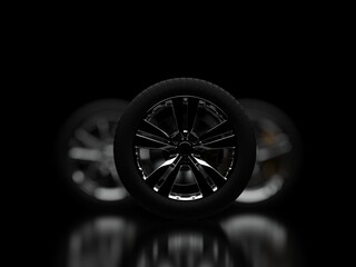 auto wheels on a dark background with chrome rims close-up. 3d render