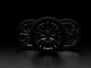 auto wheels on a dark background with chrome rims close-up. 3d render