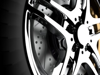 auto wheel on a dark background with chrome disks close-up. 3d render