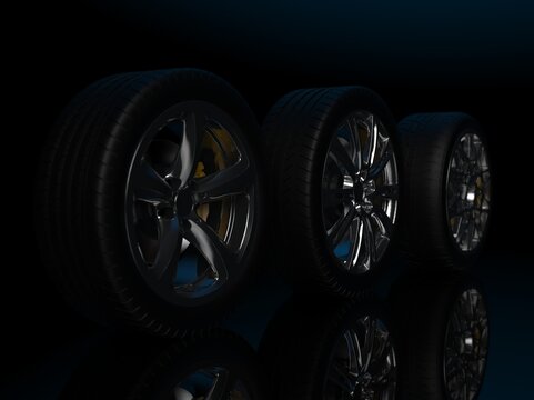 auto wheels on a dark background. 3d render
