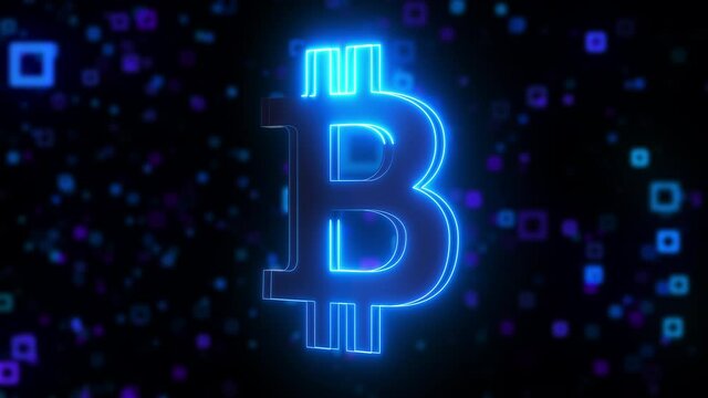 Computer generated neon bitcoin symbol with blue light effect. 3d rendering of crypto currency logo against the background of blurred particles
