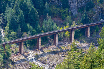 Fototapeta premium Aerial view of a railroad bridge in a forest in British Columbia, Canada