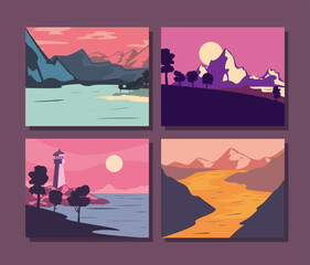 landscape of mountains posters icon set vector design
