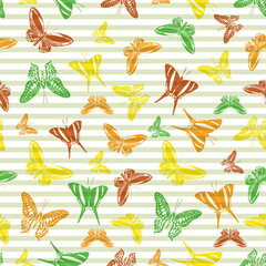 Flying butterfly silhouettes over striped background vector seamless pattern.