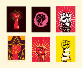 Revolution fists up banners set vector design