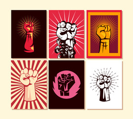 Revolution fists up banners icon collection vector design