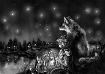 Fototapeta na wymiar A boy is looking into starry sky with a fox (his imaginary friend) black and white 