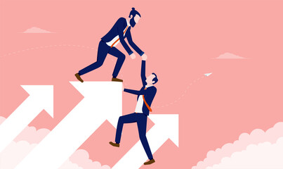 Helping business growth - Businessman giving a helping hand to get on top of rising arrow. Growth and progress concept. Vector illustration.