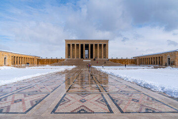 Ankara, Turkey - January 16 2021: Tourists visit Anitkabir (Ataturk's mausoleum) after snowing in winter time.