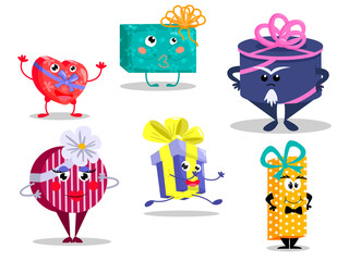 set of colored gift boxes in cartoon style. Funny and funny gifts in different poses
