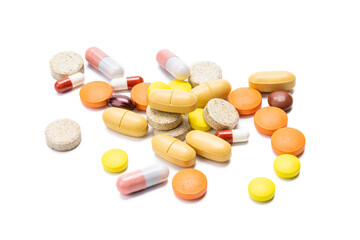 drugs isolated on white background. various pills and tablets cut out. pharmacy concept