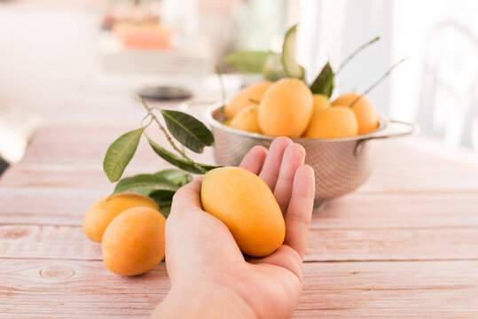 A fruit called Sour and sweet Yellow Marian Plum or Thai plango with green leaves on wooden background