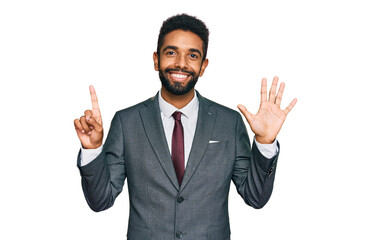 Young african american man wearing business clothes showing and pointing up with fingers number six while smiling confident and happy.
