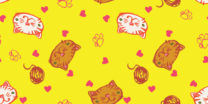 Cute cats seamless vector pattern on yellow. Good vibes animal themed surface print design for fabrics, stationery, scrapbook paper, gift wrap, textiles, backgrounds, and packaging.