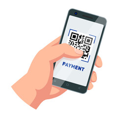 Payment QR code on screen. Hand holding smartphone. Mobile payment vector template on transparent background