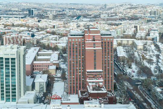Ankara, Turkey- February 16 2021: Aerial view of Necatibey street with old DPT building.