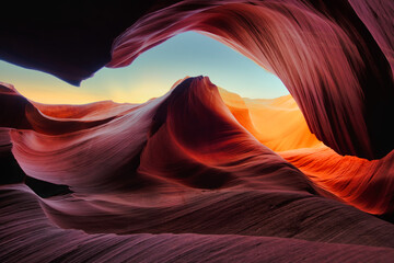 Beautiful wide angle view of amazing sandstone formations in famous Antelope Canyon on a sunny day with blue sky near the old town of Page at Lake Powell, American Southwest, Arizona, USA © emotionpicture