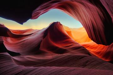 Beautiful wide angle view of amazing sandstone formations in famous Antelope Canyon on a sunny day...