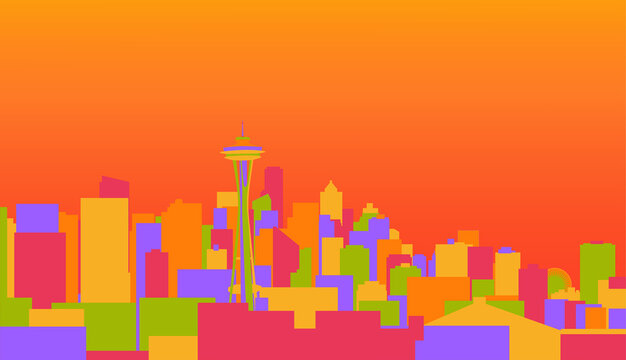 Illustration vector of the Seattle city skyline with orange, yellow, red palette colors of city skyscrapers, buildings and sky above. 