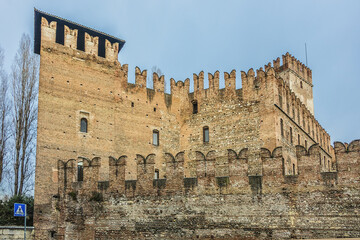 External walls of Verona Castelvecchio (Old Castle). Old fortress Castelvecchio built by Scaliger dynasty by Cangrande II della Scala in 1354. Verona, Italy.
