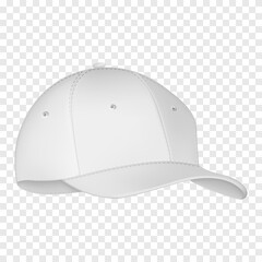 White baseball cap. Realistic side view white baseball cap isolated on transparent background vector illustration. Design template, vector eps10 illustration.