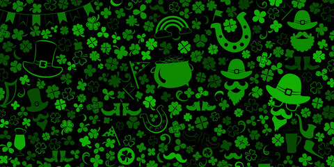 Background on St. Patrick's Day made of clover leaves and other symbols in green colors