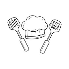 Chef hat with Spatula line icon, simple food symbol vector illustration 