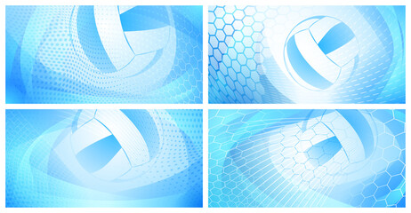 Set of four volleyball backgrounds with big ball in light blue colors
