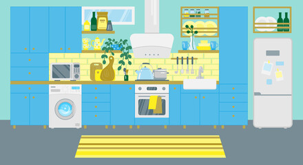 Cozy blue kitchen with furniture, stove, refrigerator, washing machine, microwave oven and utensils. Kitchen interior