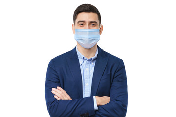 Young business man wearing medical mask, standing with crossed arms isolated on white background