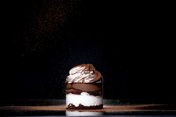 Side view of a fresh baked chocolate cake sprinkled with cocoa on countertop with dark background. Low key. Winter food and drink concept. Selective focus