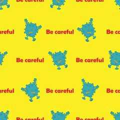 Vector illustration. Microbe with text isolated on yellow background. Seamless patterns.
