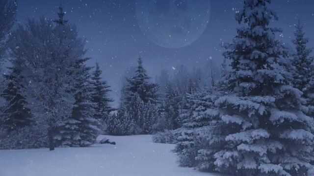 Pine Trees and Full Moon at Dusk with Snow 4K Loop features snow covered pine trees with a full moon in the sky and snow falling in a loop