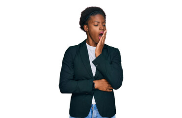 Young african american girl wearing business clothes bored yawning tired covering mouth with hand. restless and sleepiness.