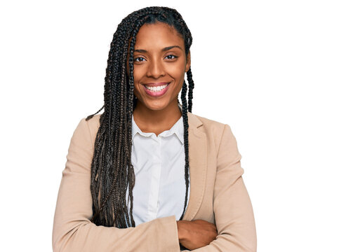 African american woman wearing business jacket happy face smiling with crossed arms looking at the camera. positive person.
