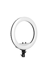 Closeup of circular neon LED lamp isolated white background. Popular modern light for make-up and beauty portraits.